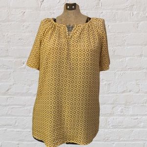 Brina & Em Yellow Black Geometric Print Split Neck Short Sleeve Loose Fit Top